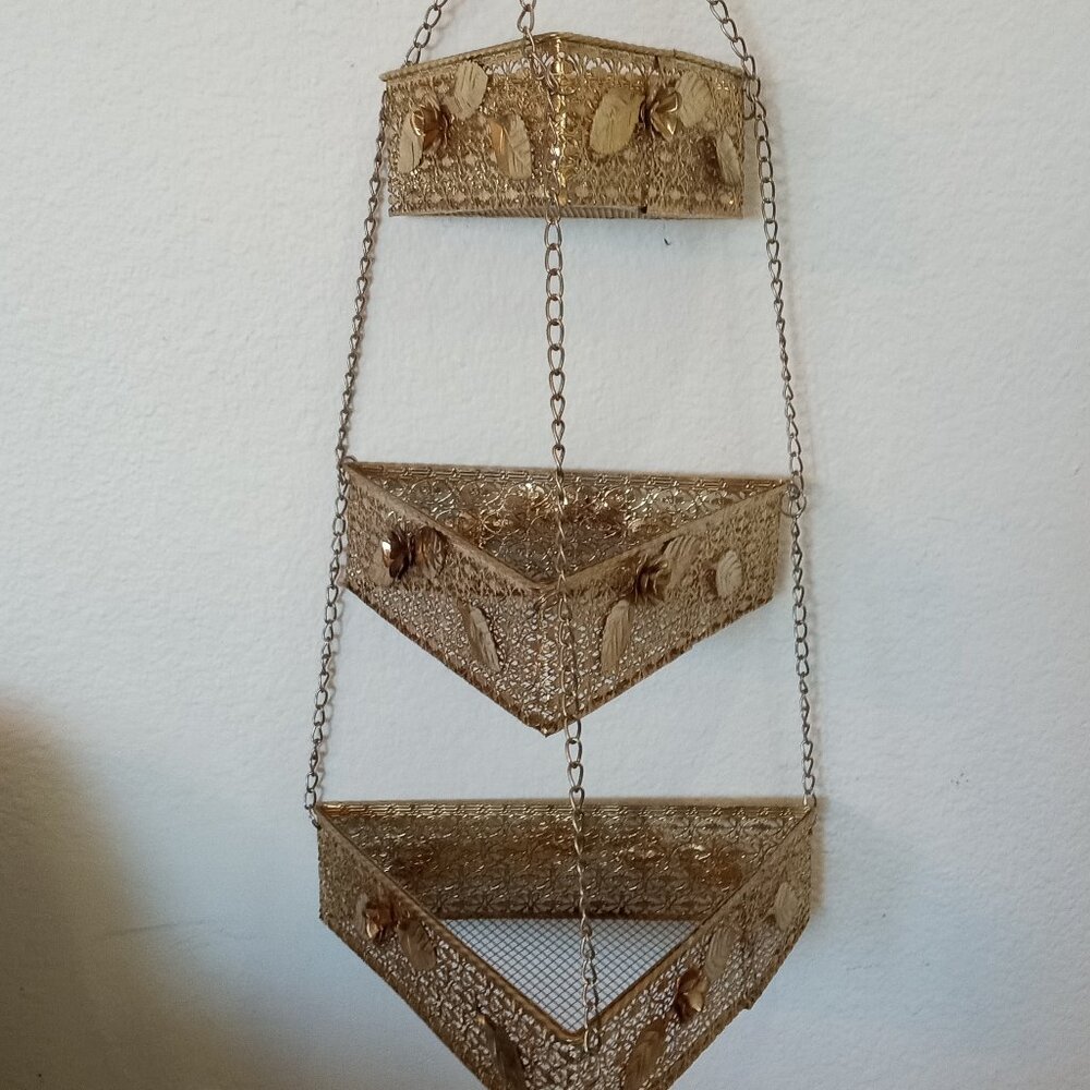 Vintage Hollywood Regency Gold Metal Wire Hanging Baskets 3 Tier